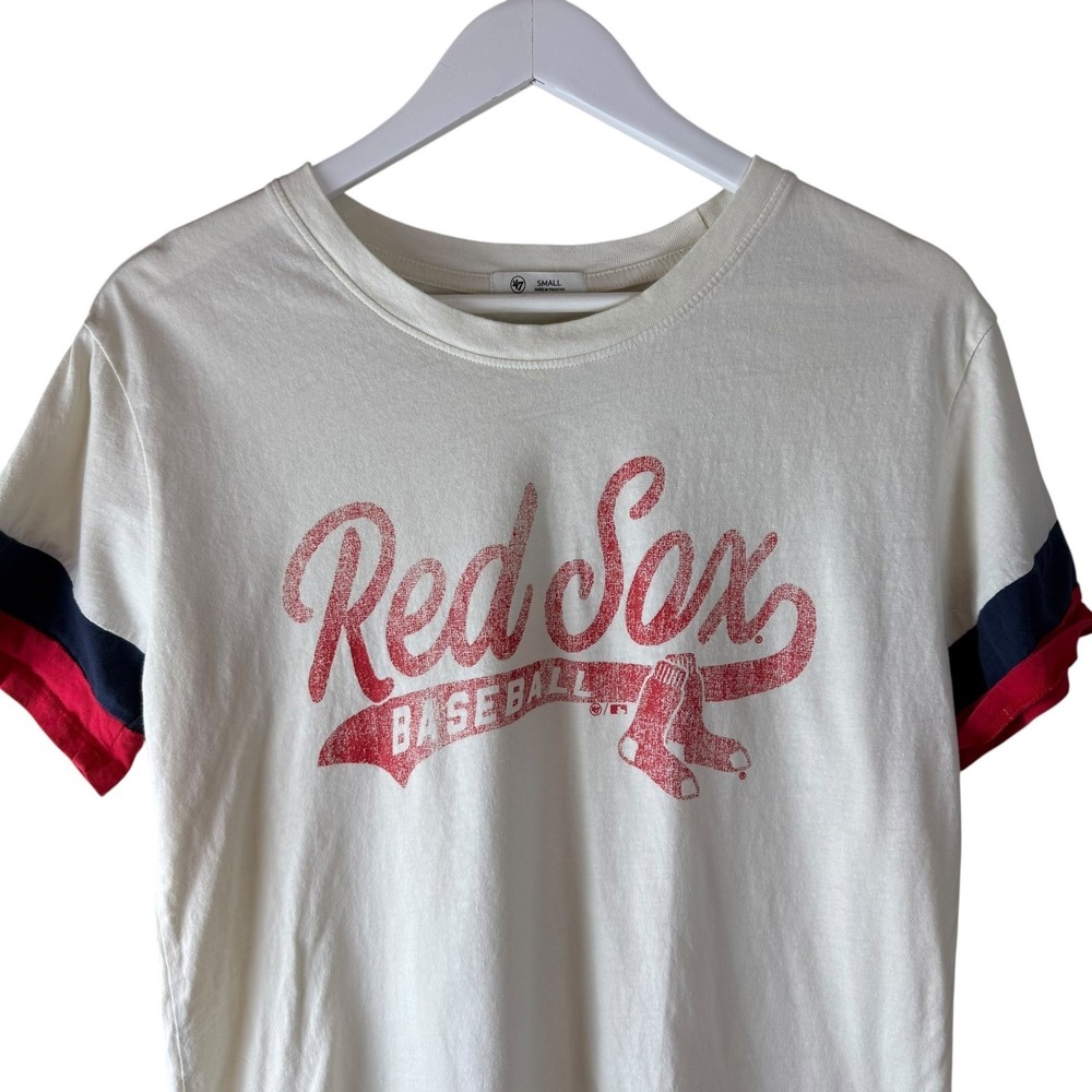 47 Brand Boston Red Sox Womens Small Cream Striped Sleeve Graphic Baseball Tee - Picture 2 of 7